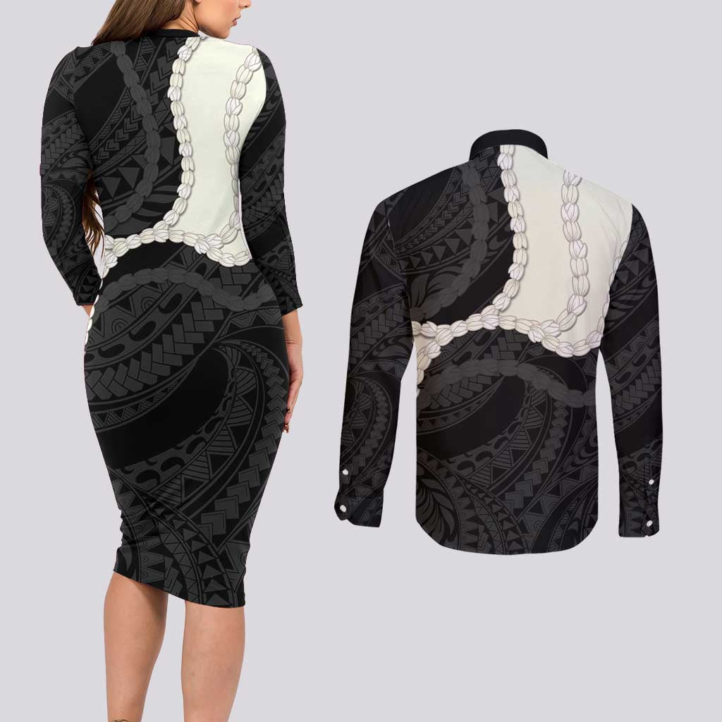 Black Polynesia Tribal Octopus Tattoo Couples Matching Long Sleeve Bodycon Dress and Long Sleeve Button Shirt Pikake Lei Polynesian Pattern LT14 - Polynesian Pride