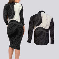Black Polynesia Tribal Octopus Tattoo Couples Matching Long Sleeve Bodycon Dress and Long Sleeve Button Shirt Pikake Lei Polynesian Pattern LT14 - Polynesian Pride