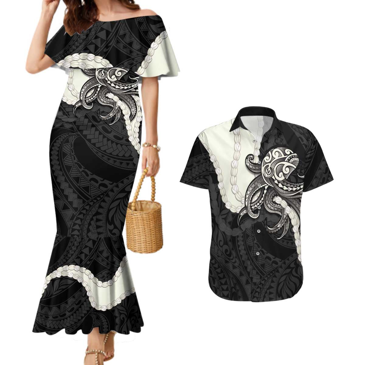 Black Polynesia Tribal Octopus Tattoo Couples Matching Mermaid Dress and Hawaiian Shirt Pikake Lei Polynesian Pattern LT14 Black - Polynesian Pride
