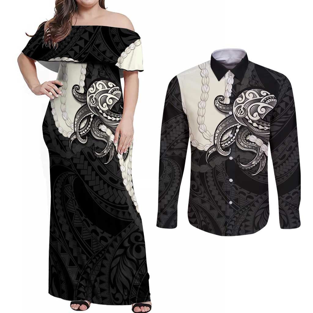 Black Polynesia Tribal Octopus Tattoo Couples Matching Off Shoulder Maxi Dress and Long Sleeve Button Shirt Pikake Lei Polynesian Pattern LT14 Black - Polynesian Pride