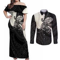 Black Polynesia Tribal Octopus Tattoo Couples Matching Off Shoulder Maxi Dress and Long Sleeve Button Shirt Pikake Lei Polynesian Pattern LT14 Black - Polynesian Pride