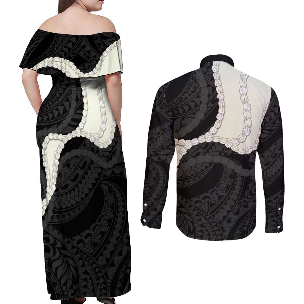 Black Polynesia Tribal Octopus Tattoo Couples Matching Off Shoulder Maxi Dress and Long Sleeve Button Shirt Pikake Lei Polynesian Pattern LT14 - Polynesian Pride