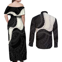 Black Polynesia Tribal Octopus Tattoo Couples Matching Off Shoulder Maxi Dress and Long Sleeve Button Shirt Pikake Lei Polynesian Pattern LT14 - Polynesian Pride