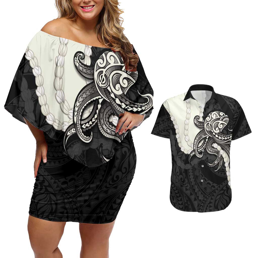 Black Polynesia Tribal Octopus Tattoo Couples Matching Off Shoulder Short Dress and Hawaiian Shirt Pikake Lei Polynesian Pattern LT14 Black - Polynesian Pride
