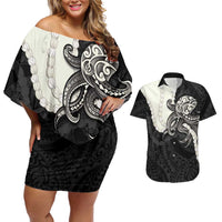 Black Polynesia Tribal Octopus Tattoo Couples Matching Off Shoulder Short Dress and Hawaiian Shirt Pikake Lei Polynesian Pattern LT14 Black - Polynesian Pride