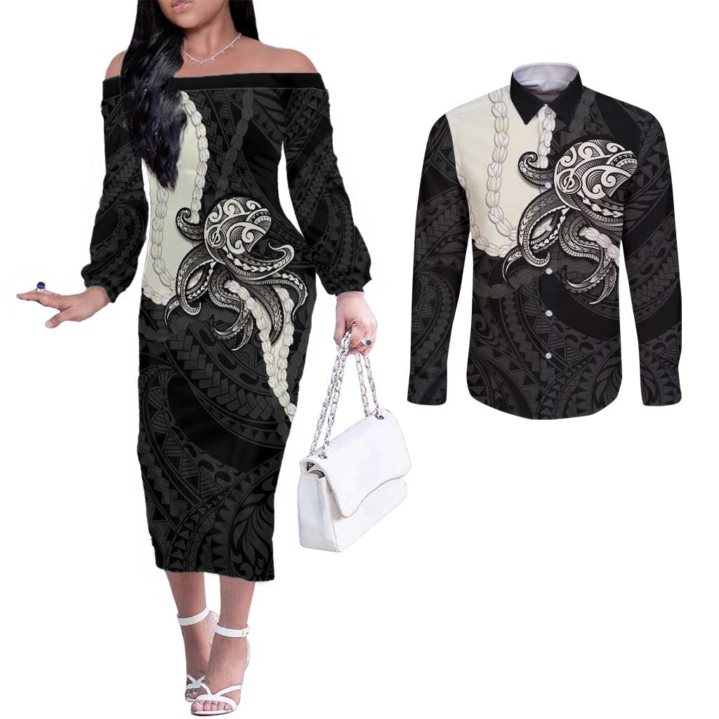 Black Polynesia Tribal Octopus Tattoo Couples Matching Off The Shoulder Long Sleeve Dress and Long Sleeve Button Shirt Pikake Lei Polynesian Pattern LT14 Black - Polynesian Pride