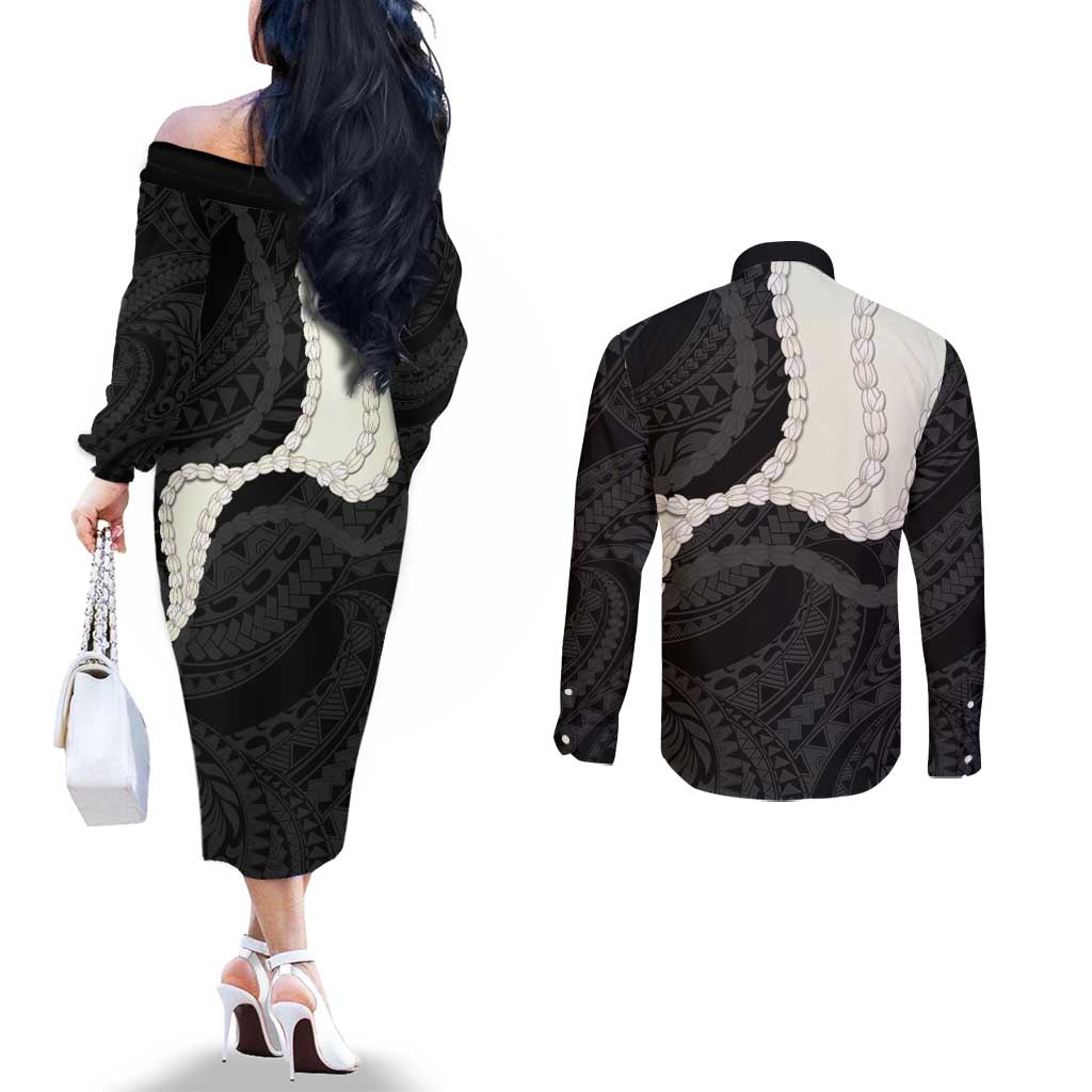 Black Polynesia Tribal Octopus Tattoo Couples Matching Off The Shoulder Long Sleeve Dress and Long Sleeve Button Shirt Pikake Lei Polynesian Pattern LT14 - Polynesian Pride