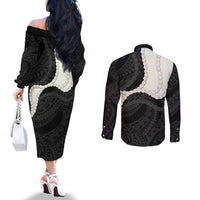 Black Polynesia Tribal Octopus Tattoo Couples Matching Off The Shoulder Long Sleeve Dress and Long Sleeve Button Shirt Pikake Lei Polynesian Pattern LT14 - Polynesian Pride