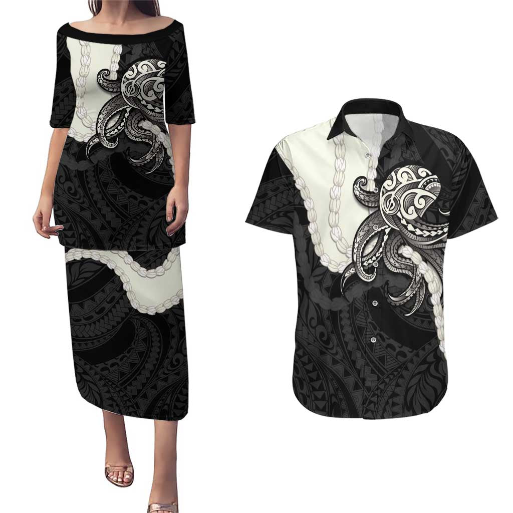 Black Polynesia Tribal Octopus Tattoo Couples Matching Puletasi and Hawaiian Shirt Pikake Lei Polynesian Pattern LT14 Black - Polynesian Pride