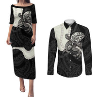 Black Polynesia Tribal Octopus Tattoo Couples Matching Puletasi and Long Sleeve Button Shirt Pikake Lei Polynesian Pattern