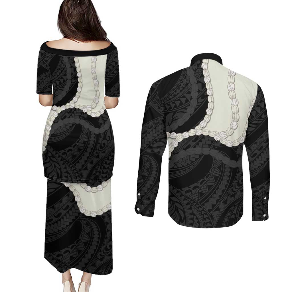 Black Polynesia Tribal Octopus Tattoo Couples Matching Puletasi and Long Sleeve Button Shirt Pikake Lei Polynesian Pattern