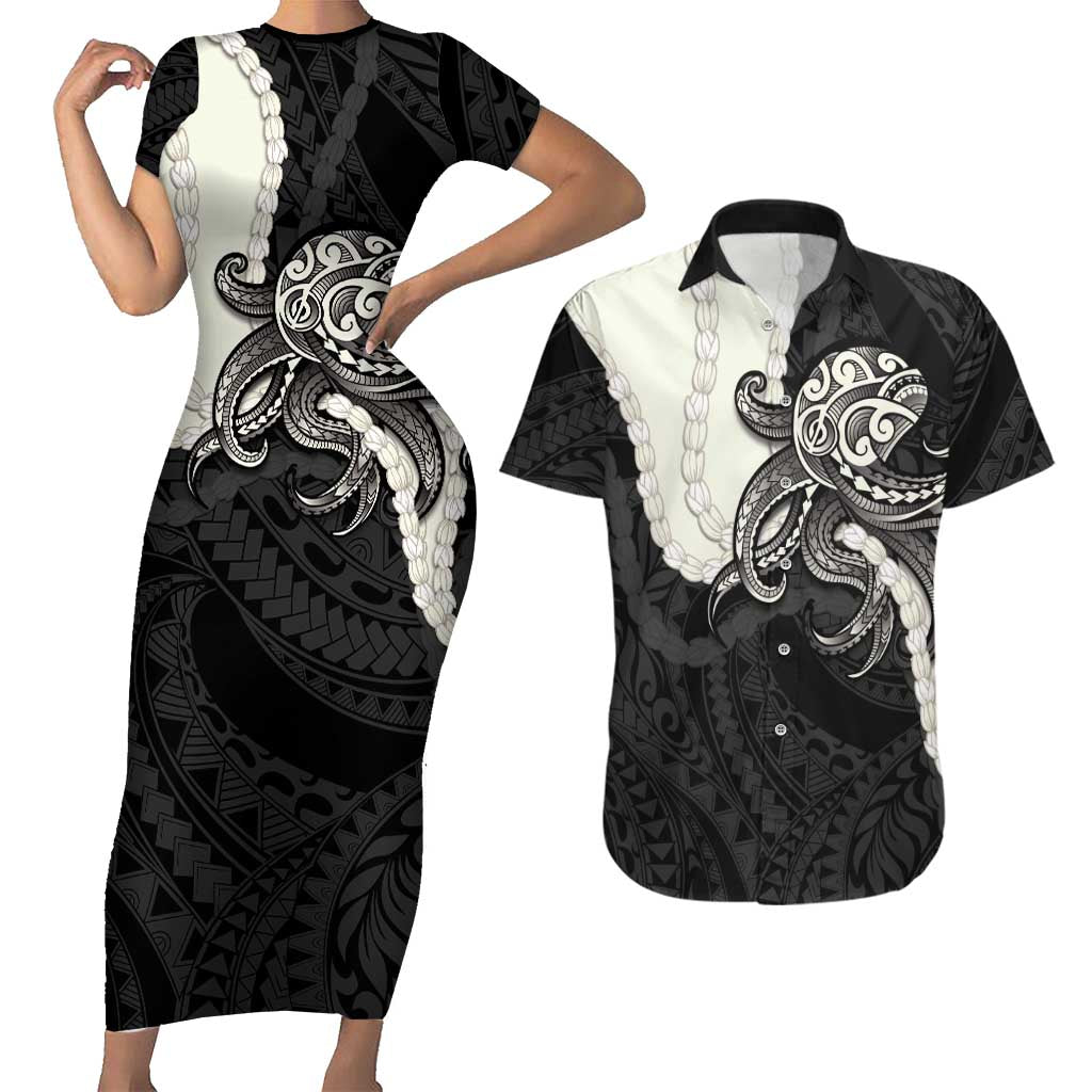 Black Polynesia Tribal Octopus Tattoo Couples Matching Short Sleeve Bodycon Dress and Hawaiian Shirt Pikake Lei Polynesian Pattern LT14 Black - Polynesian Pride
