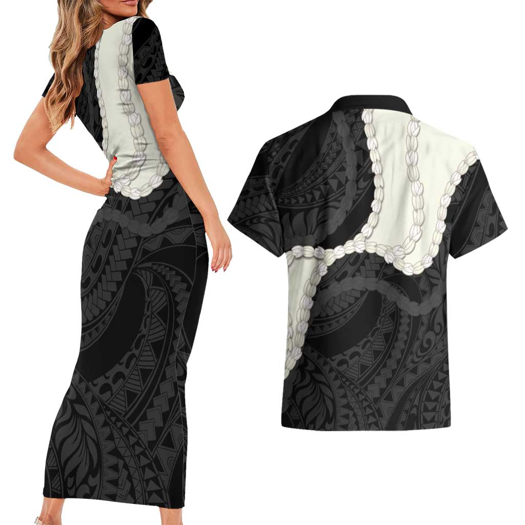 Black Polynesia Tribal Octopus Tattoo Couples Matching Short Sleeve Bodycon Dress and Hawaiian Shirt Pikake Lei Polynesian Pattern LT14 - Polynesian Pride