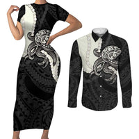 Black Polynesia Tribal Octopus Tattoo Couples Matching Short Sleeve Bodycon Dress and Long Sleeve Button Shirt Pikake Lei Polynesian Pattern LT14 Black - Polynesian Pride