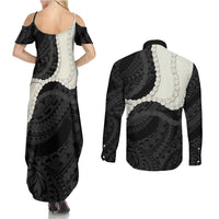 Black Polynesia Tribal Octopus Tattoo Couples Matching Summer Maxi Dress and Long Sleeve Button Shirt Pikake Lei Polynesian Pattern LT14 - Polynesian Pride