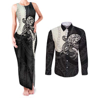 Black Polynesia Tribal Octopus Tattoo Couples Matching Tank Maxi Dress and Long Sleeve Button Shirt Pikake Lei Polynesian Pattern