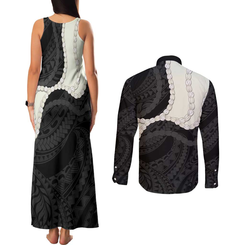 Black Polynesia Tribal Octopus Tattoo Couples Matching Tank Maxi Dress and Long Sleeve Button Shirt Pikake Lei Polynesian Pattern