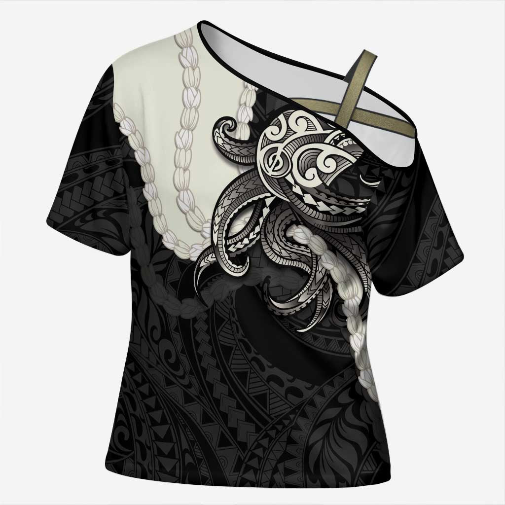 Black Polynesia Tribal Octopus Tattoo Cross Shoulder Shirt Pikake Lei Polynesian Pattern LT14 Female Black - Polynesian Pride