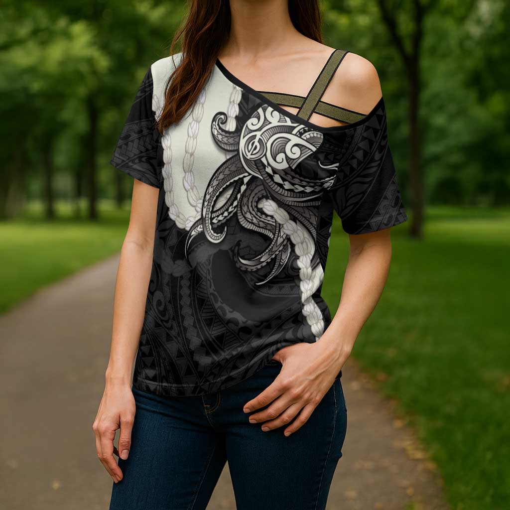 Black Polynesia Tribal Octopus Tattoo Cross Shoulder Shirt Pikake Lei Polynesian Pattern LT14 - Polynesian Pride