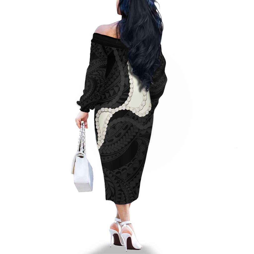 Black Polynesia Tribal Octopus Tattoo Family Matching Off The Shoulder Long Sleeve Dress and Hawaiian Shirt Pikake Lei Polynesian Pattern