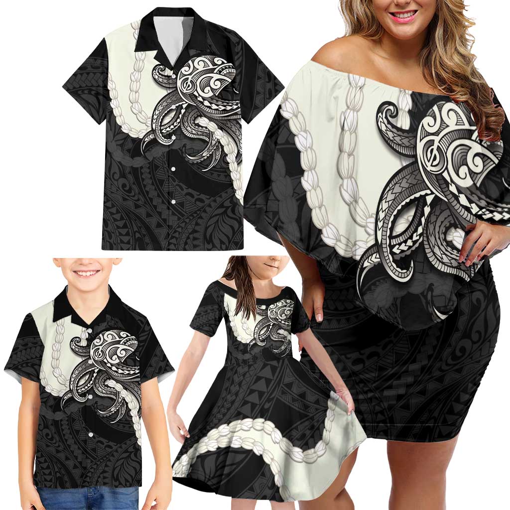 Black Polynesia Tribal Octopus Tattoo Family Matching Off Shoulder Short Dress and Hawaiian Shirt Pikake Lei Polynesian Pattern LT14 - Polynesian Pride