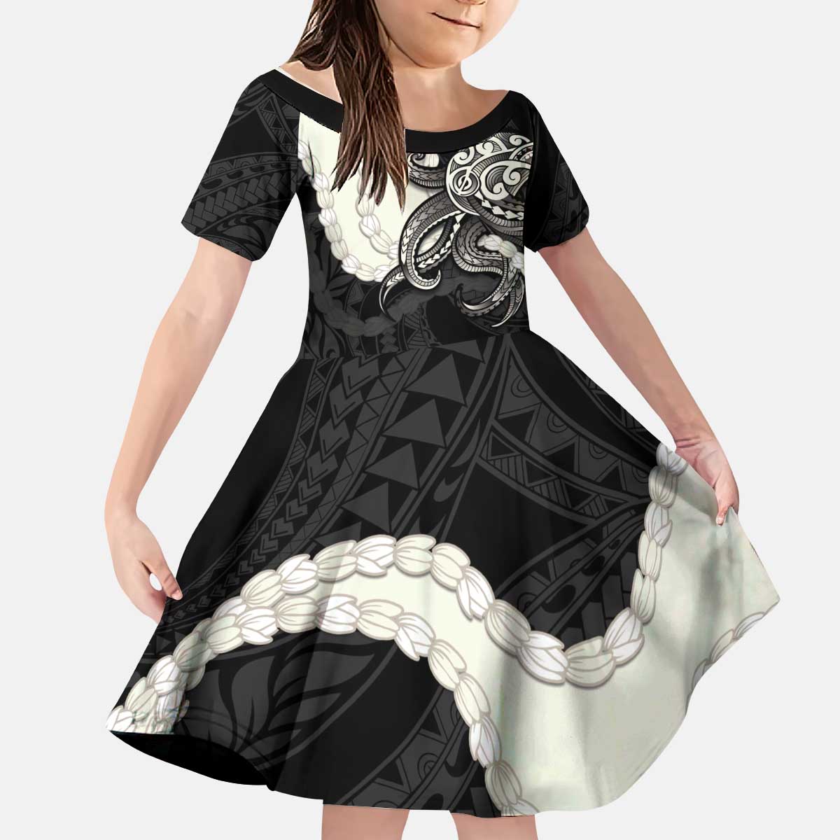 Black Polynesia Tribal Octopus Tattoo Kid Short Sleeve Dress Pikake Lei Polynesian Pattern LT14 KID Black - Polynesian Pride