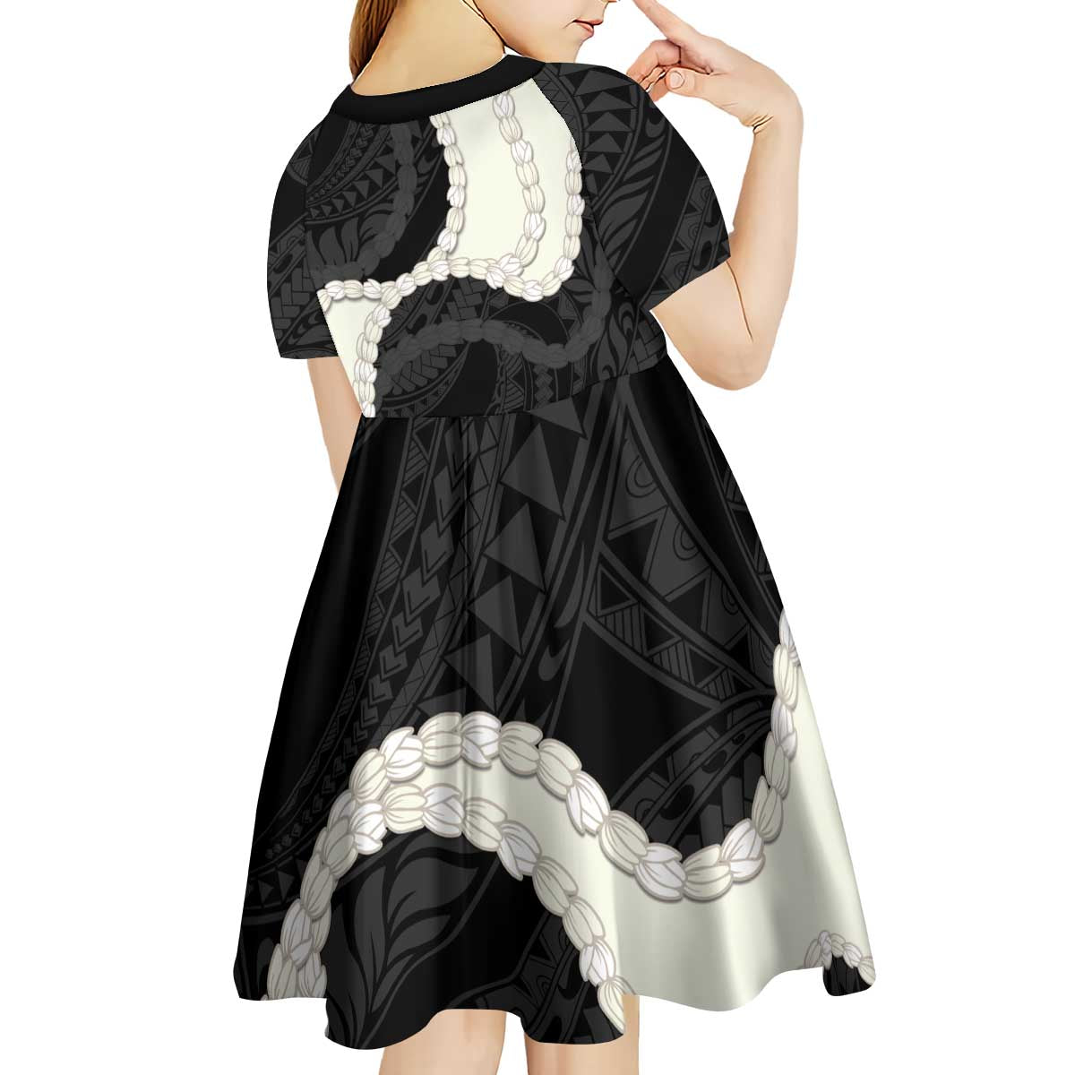 Black Polynesia Tribal Octopus Tattoo Kid Short Sleeve Dress Pikake Lei Polynesian Pattern LT14 - Polynesian Pride