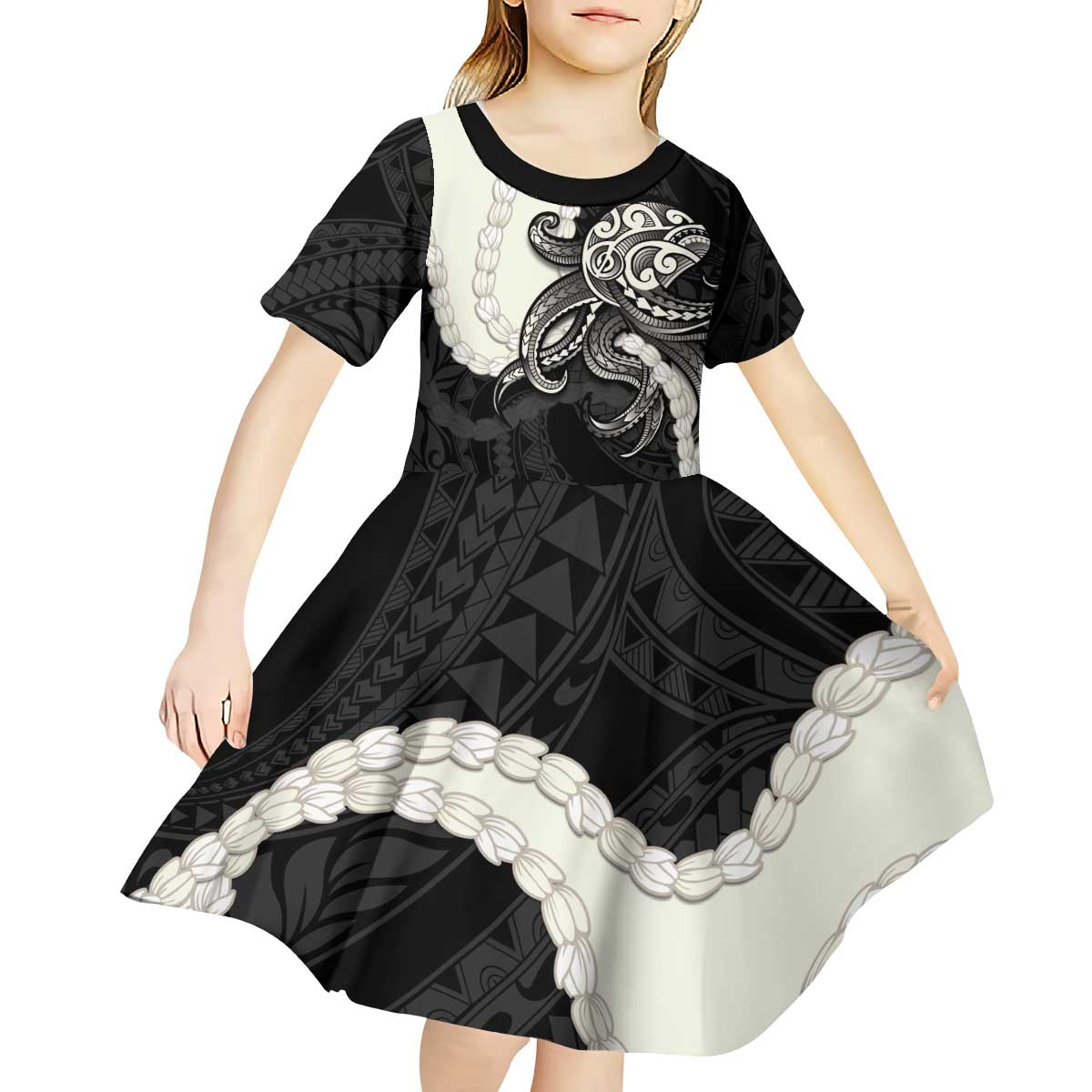 Black Polynesia Tribal Octopus Tattoo Kid Short Sleeve Dress Pikake Lei Polynesian Pattern LT14 - Polynesian Pride