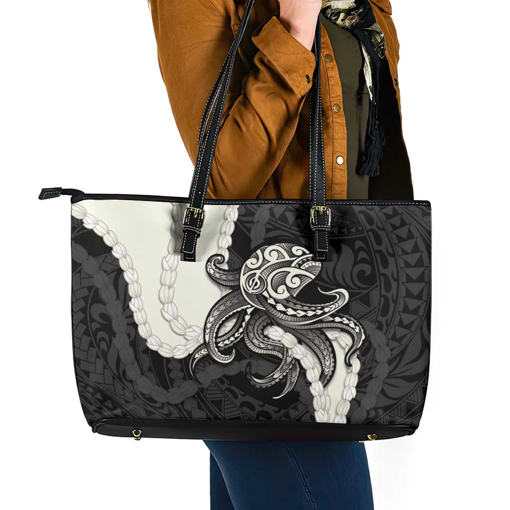 Black Polynesia Tribal Octopus Tattoo Leather Tote Bag Pikake Lei Polynesian Pattern LT14 - Polynesian Pride