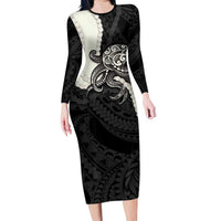 Black Polynesia Tribal Octopus Tattoo Long Sleeve Bodycon Dress Pikake Lei Polynesian Pattern LT14 Long Dress Black - Polynesian Pride