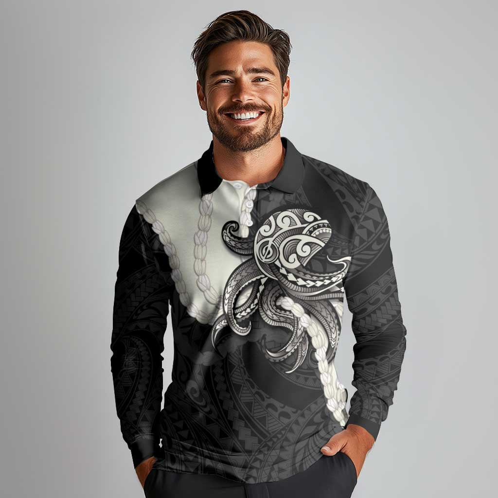 Black Polynesia Tribal Octopus Tattoo Long Sleeve Polo Shirt Pikake Lei Polynesian Pattern LT14 - Polynesian Pride
