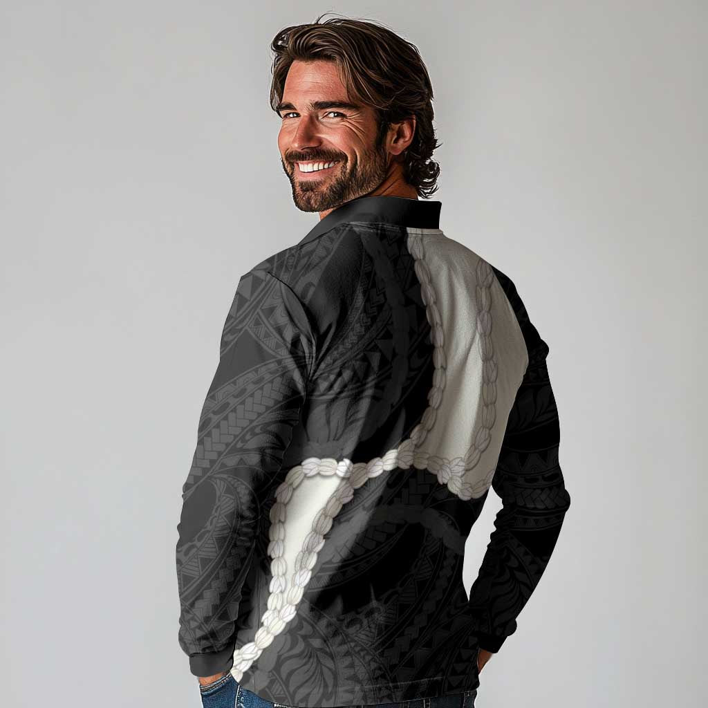 Black Polynesia Tribal Octopus Tattoo Long Sleeve Polo Shirt Pikake Lei Polynesian Pattern LT14 - Polynesian Pride