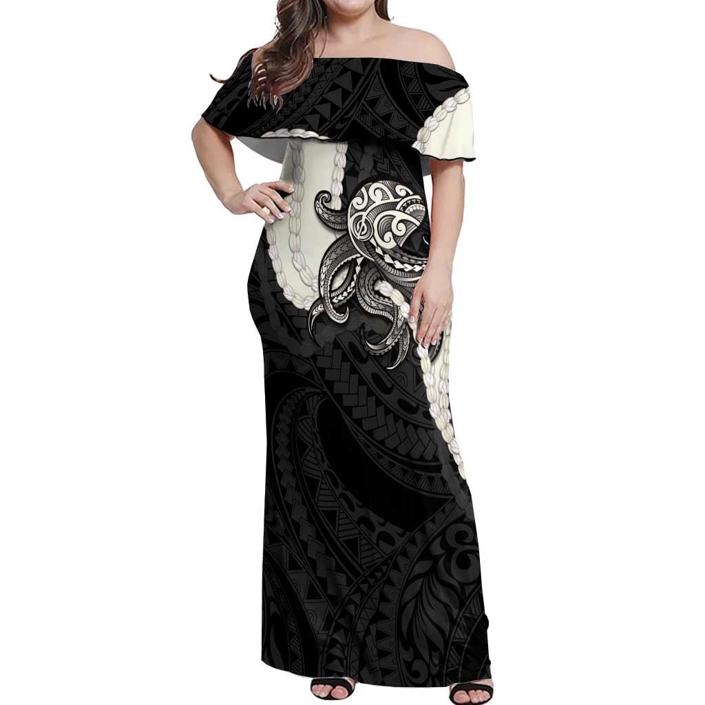 Black Polynesia Tribal Octopus Tattoo Off Shoulder Maxi Dress Pikake Lei Polynesian Pattern LT14 Women Black - Polynesian Pride