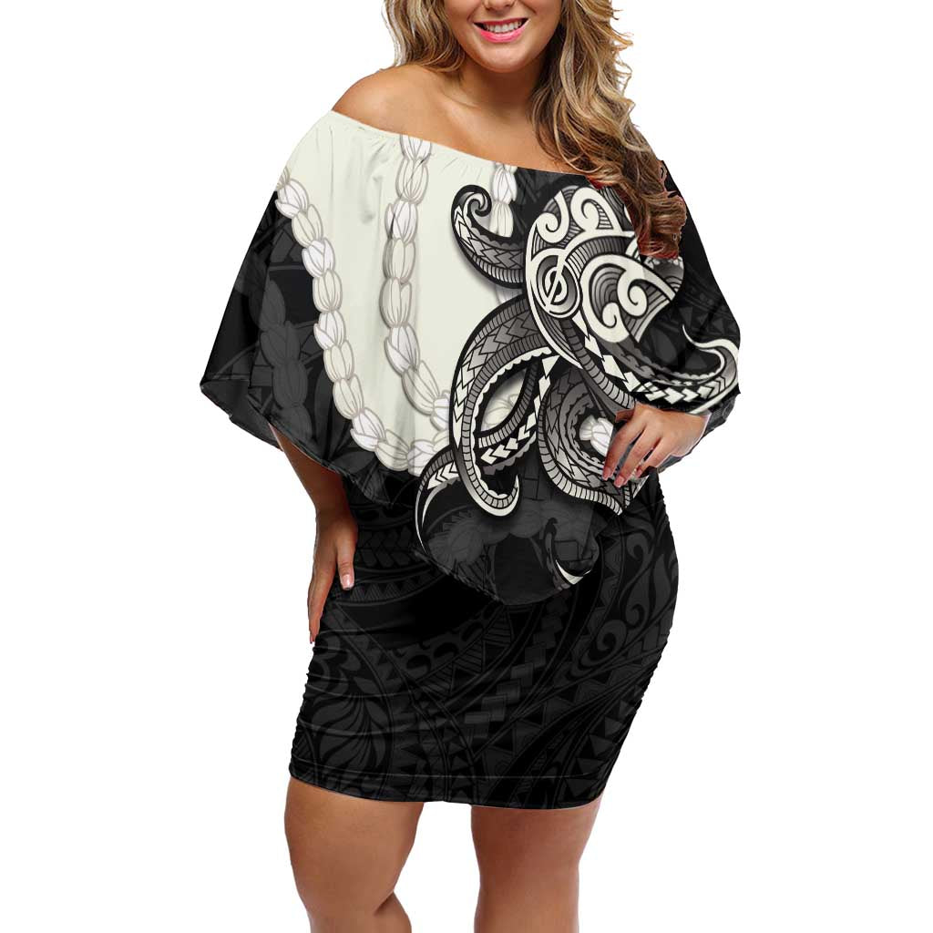 Black Polynesia Tribal Octopus Tattoo Off Shoulder Short Dress Pikake Lei Polynesian Pattern