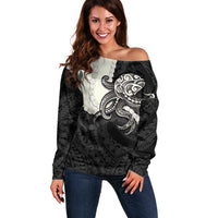 Black Polynesia Tribal Octopus Tattoo Off Shoulder Sweater Pikake Lei Polynesian Pattern LT14 Women Black - Polynesian Pride