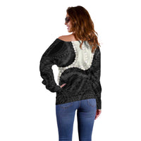 Black Polynesia Tribal Octopus Tattoo Off Shoulder Sweater Pikake Lei Polynesian Pattern LT14 - Polynesian Pride