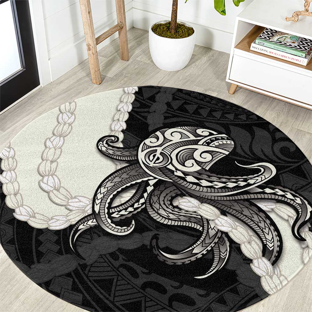 Black Polynesia Tribal Octopus Tattoo Round Carpet Pikake Lei Polynesian Pattern LT14 Black - Polynesian Pride
