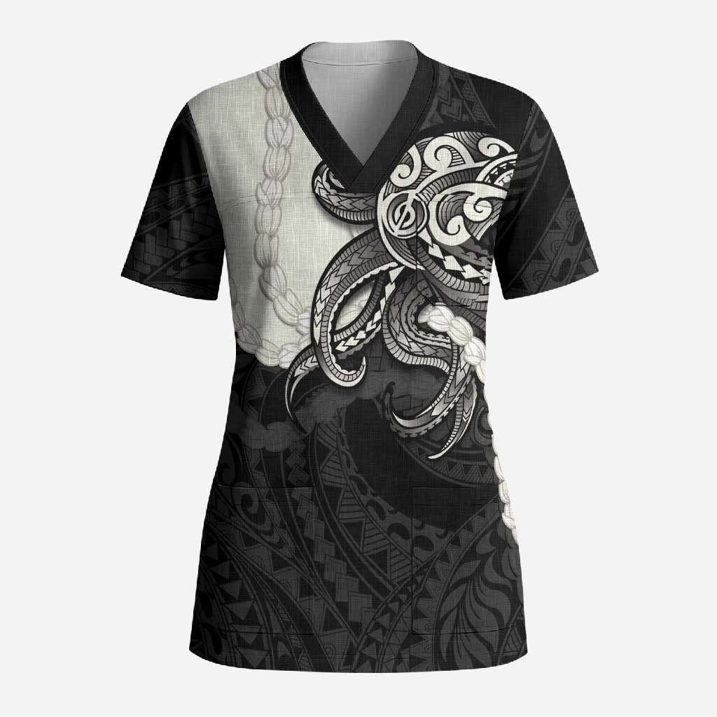 Black Polynesia Tribal Octopus Tattoo Scrub Top Pikake Lei Polynesian Pattern LT14 Adult Black - Polynesian Pride
