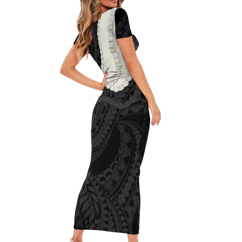 Black Polynesia Tribal Octopus Tattoo Short Sleeve Bodycon Dress Pikake Lei Polynesian Pattern LT14 - Polynesian Pride