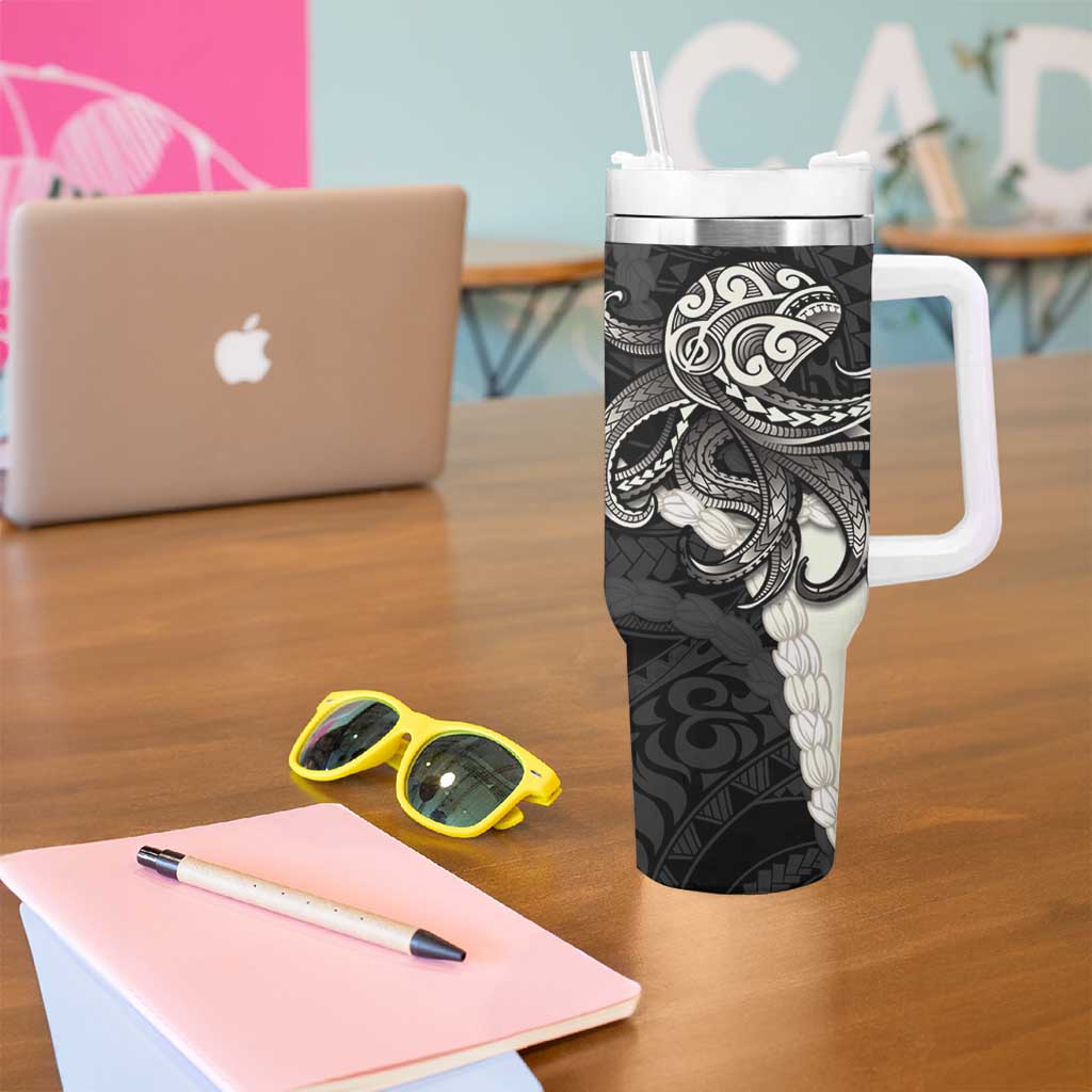 Black Polynesia Tribal Octopus Tattoo Tumbler With Handle Pikake Lei Polynesian Pattern LT14 - Polynesian Pride