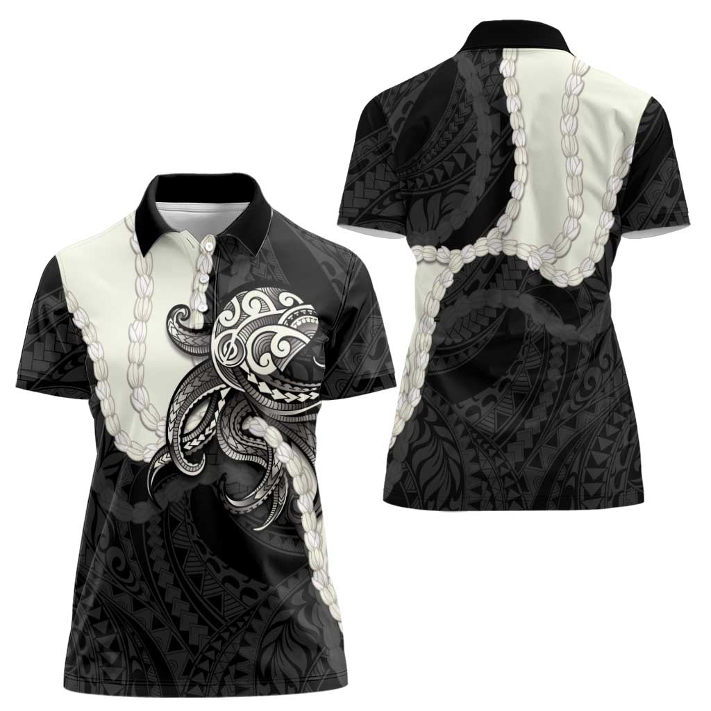 Black Polynesia Tribal Octopus Tattoo Women Polo Shirt Pikake Lei Polynesian Pattern LT14 - Polynesian Pride