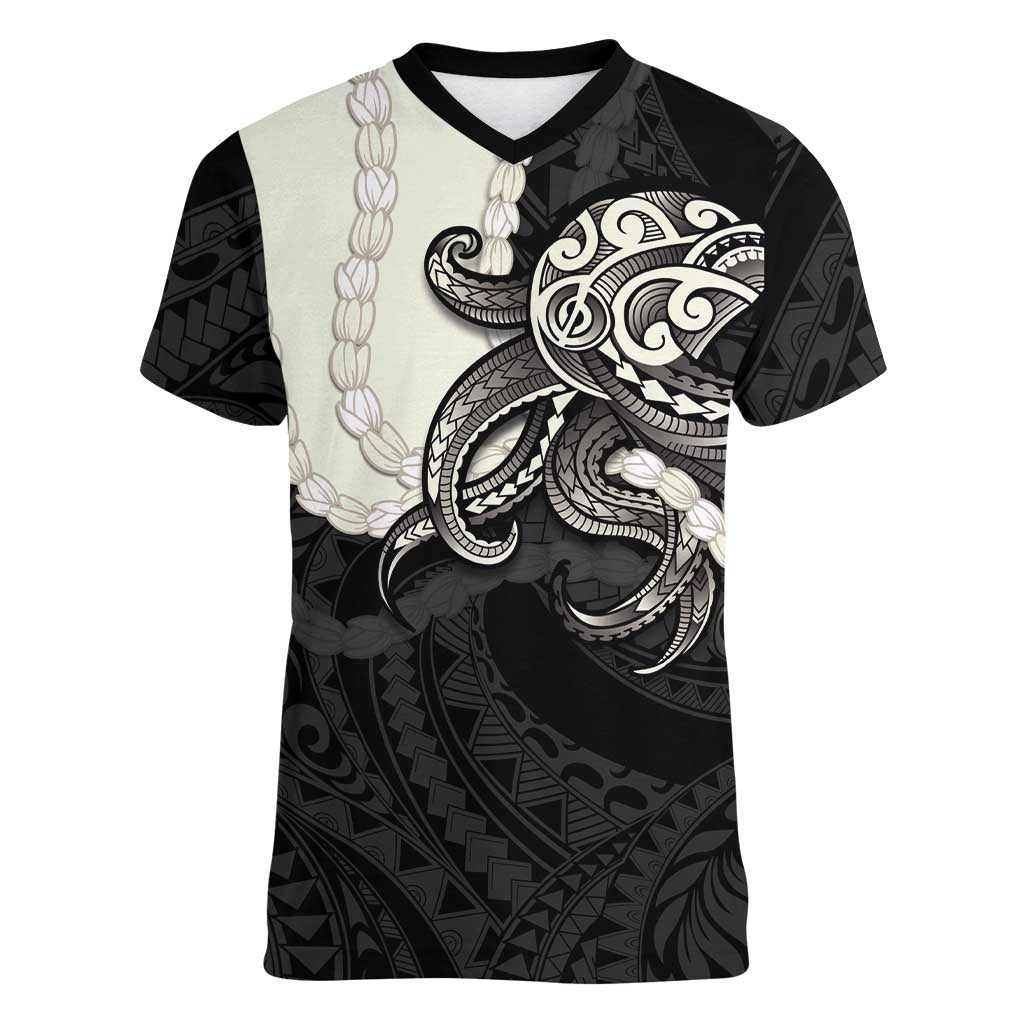 Black Polynesia Tribal Octopus Tattoo Women V-Neck T-Shirt Pikake Lei Polynesian Pattern LT14 Female Black - Polynesian Pride