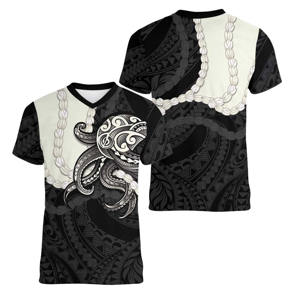Black Polynesia Tribal Octopus Tattoo Women V-Neck T-Shirt Pikake Lei Polynesian Pattern LT14 - Polynesian Pride
