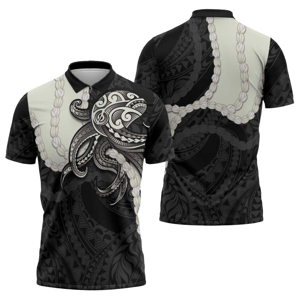 Black Polynesia Tribal Octopus Tattoo Zipper Polo Shirt Pikake Lei Polynesian Pattern LT14 - Polynesian Pride