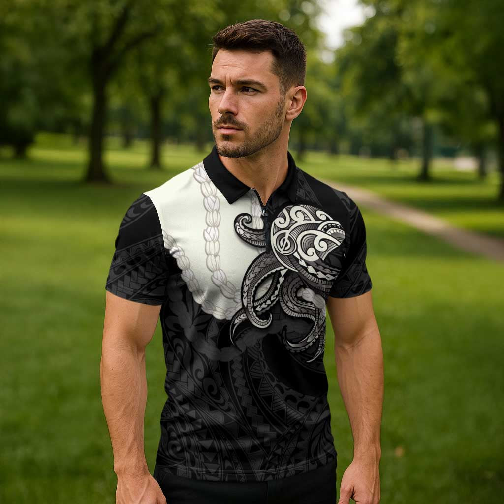 Black Polynesia Tribal Octopus Tattoo Zipper Polo Shirt Pikake Lei Polynesian Pattern LT14 - Polynesian Pride