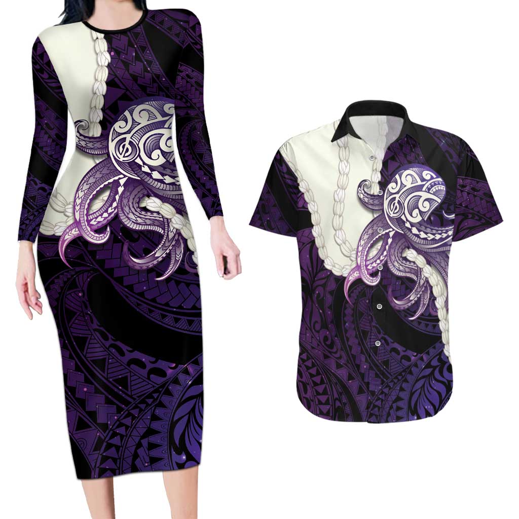 Purple Galaxy Polynesia Tribal Octopus Tattoo Couples Matching Long Sleeve Bodycon Dress and Hawaiian Shirt Pikake Lei Polynesian Pattern LT14 Purple - Polynesian Pride