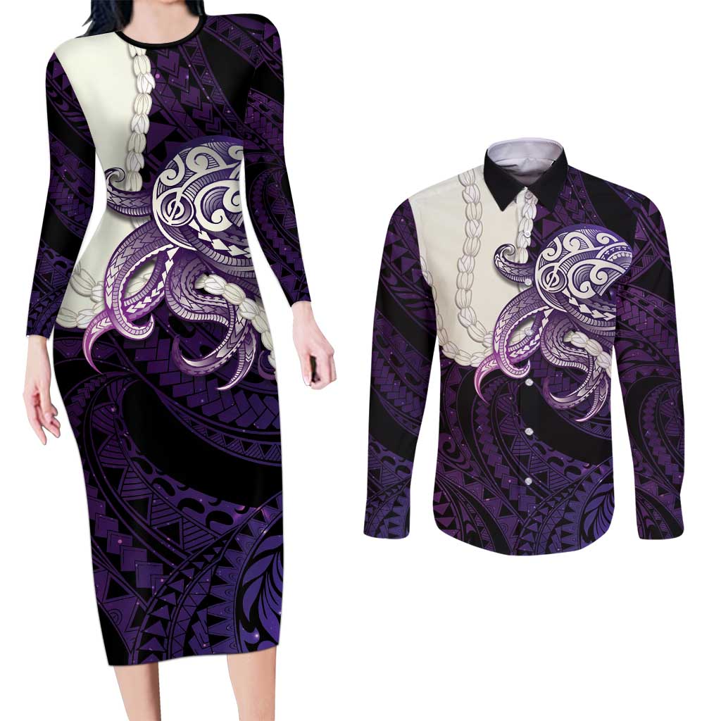 Purple Galaxy Polynesia Tribal Octopus Tattoo Couples Matching Long Sleeve Bodycon Dress and Long Sleeve Button Shirt Pikake Lei Polynesian Pattern LT14 Purple - Polynesian Pride