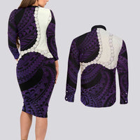 Purple Galaxy Polynesia Tribal Octopus Tattoo Couples Matching Long Sleeve Bodycon Dress and Long Sleeve Button Shirt Pikake Lei Polynesian Pattern LT14 - Polynesian Pride