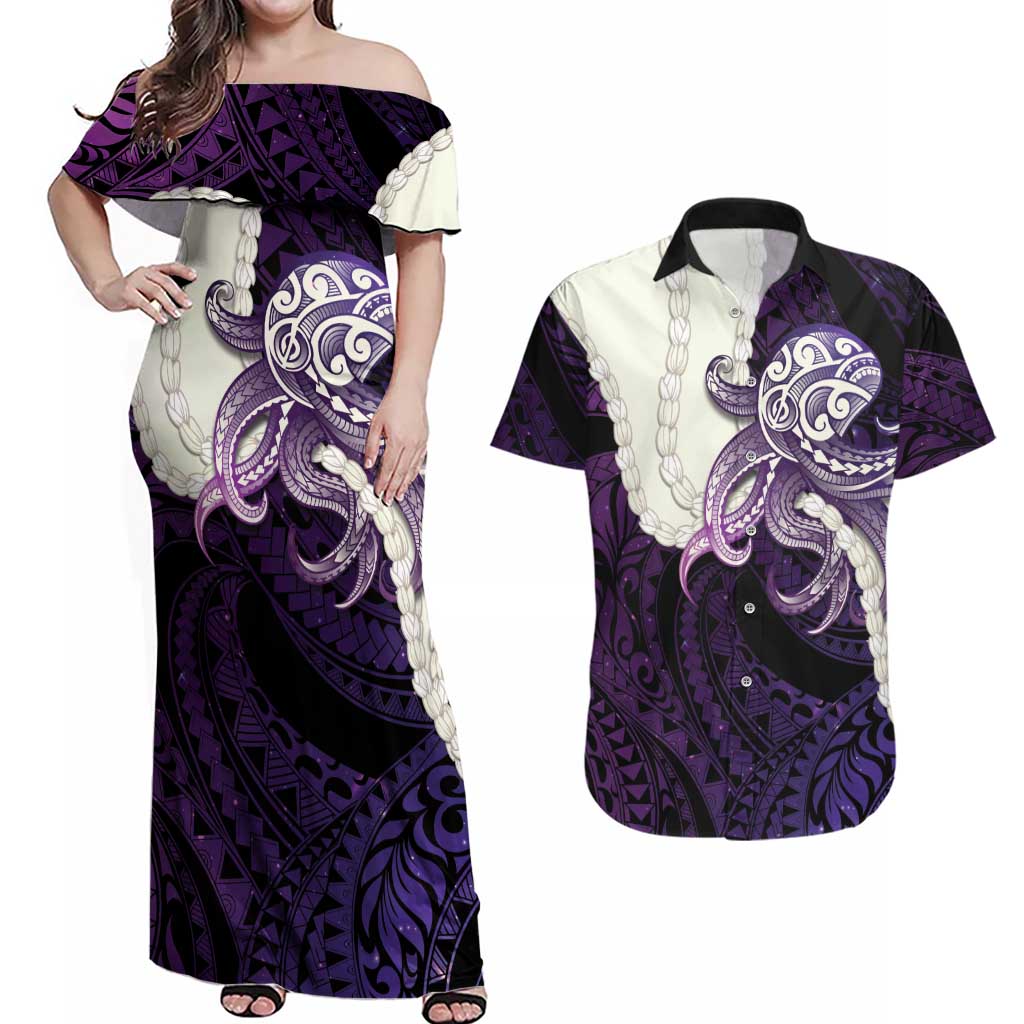 Purple Galaxy Polynesia Tribal Octopus Tattoo Couples Matching Off Shoulder Maxi Dress and Hawaiian Shirt Pikake Lei Polynesian Pattern LT14 Purple - Polynesian Pride