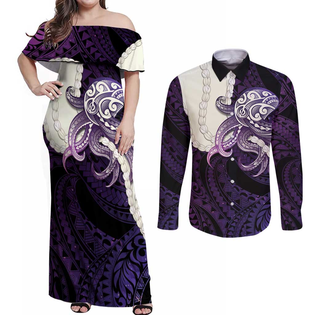 Purple Galaxy Polynesia Tribal Octopus Tattoo Couples Matching Off Shoulder Maxi Dress and Long Sleeve Button Shirt Pikake Lei Polynesian Pattern LT14 Purple - Polynesian Pride